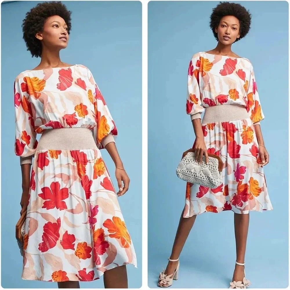 ANTHROPOLOGIE MAEVE | Retro Boho Gemma Floral Fit & Flare Midi Dress Vibrant XS